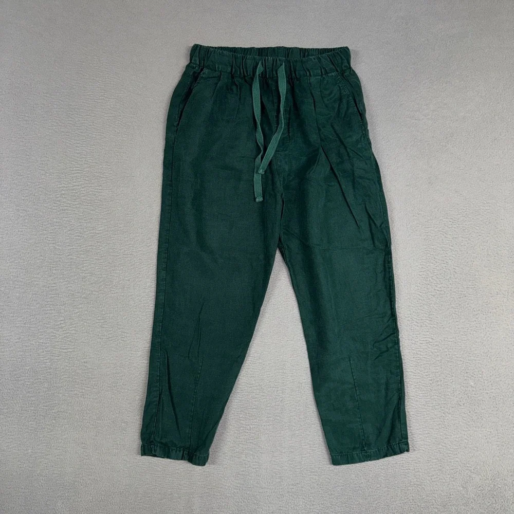 Zara Pants Womens XS Green Tapered Capri Drawstring Elastic Waist Linen Blend